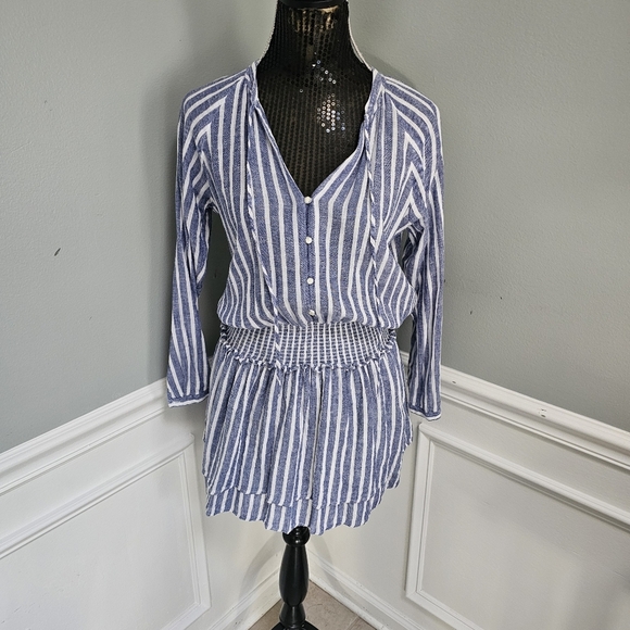 Rails Size S Jasmine Mini Dress Tie-Neck Smocked-Waist Azure Striped Lin… - Picture 5 of 16